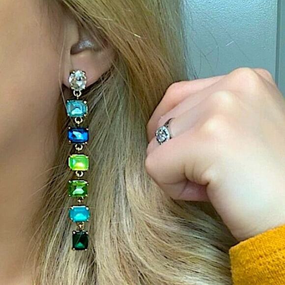 Antique Gold Emerald Cut Crystal Opal Sapphire Aquamarine Tassel Drop Earrings - Picture 2 of 12